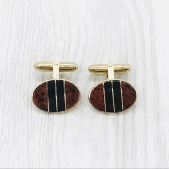 𝅺STYLISH Mod 1960s Vintage Burl Wood Look and Onyx Inlay Cufflinks.​ - Picture 3 of 10